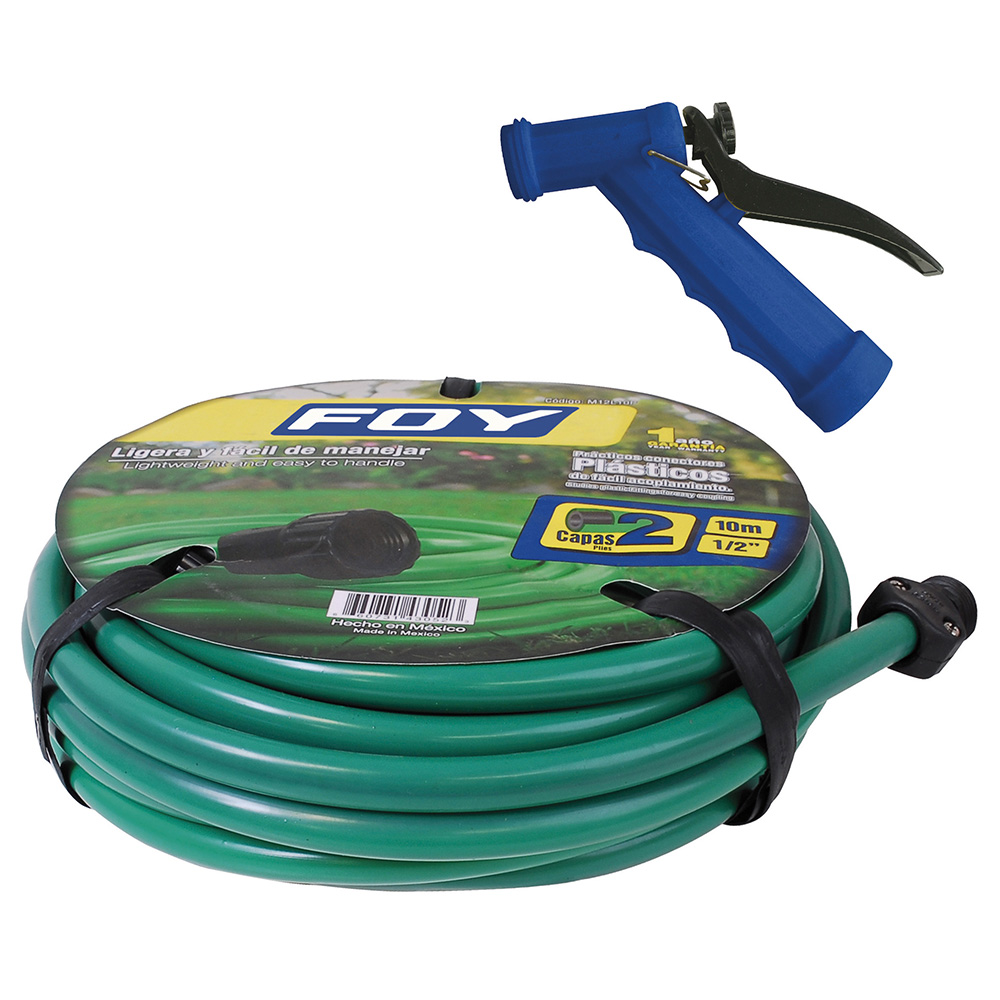 Manguera para jardín lisa con pistola para riego 2 capas 1/2", 10 m Foy
