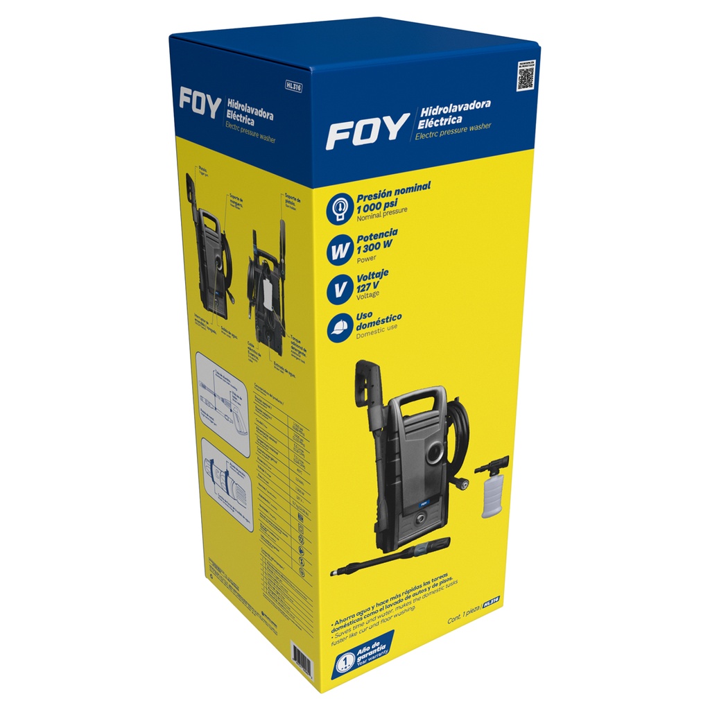 Hidrolavadora eléctrica 1300 W 127 V 1600 PSI, 5.5Lt por minuto Foy