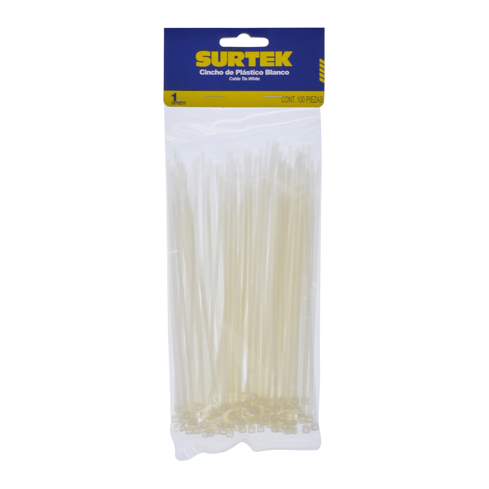 Cinchos plásticos 100 x 2.5 mm, tensión 8 kg de 100 piezas, color natural Surtek