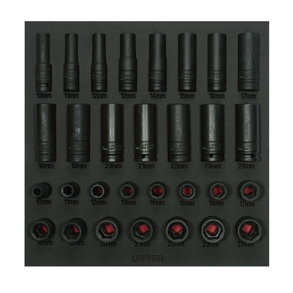 Juego de dados de impacto cortos y largos métricos cuadro de 1/2" 30 piezas, CH219-C Urrea