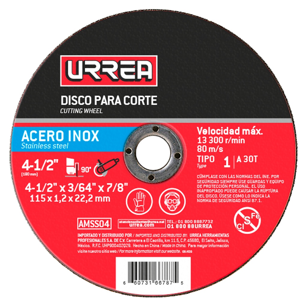 Disco abrasivo tipo 1 para acero inoxidable 7" x 5/64" Urrea