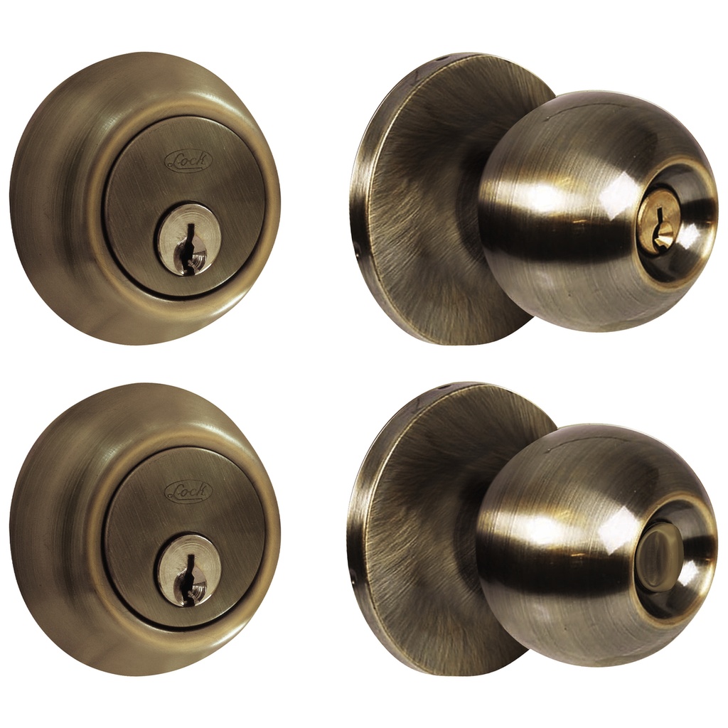 Combo de pomo tubulares de bola función doble, latón antiguo, llave estándar, blíster Lock