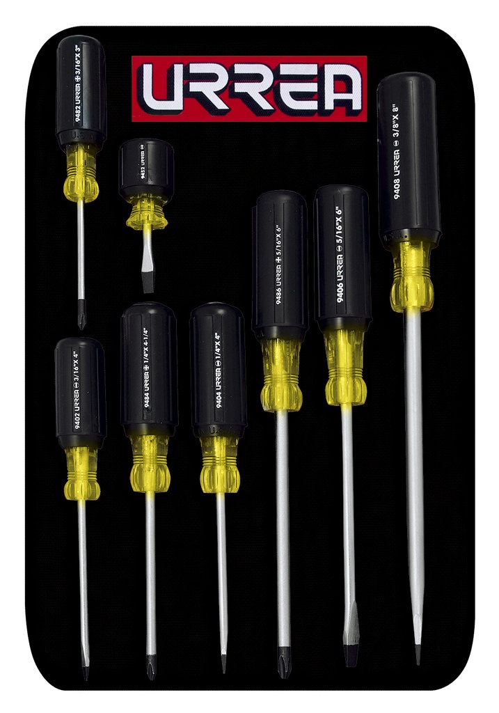 Juego de destornilladores con mango cushion grip, combinados, 8 piezas en estuche Urrea