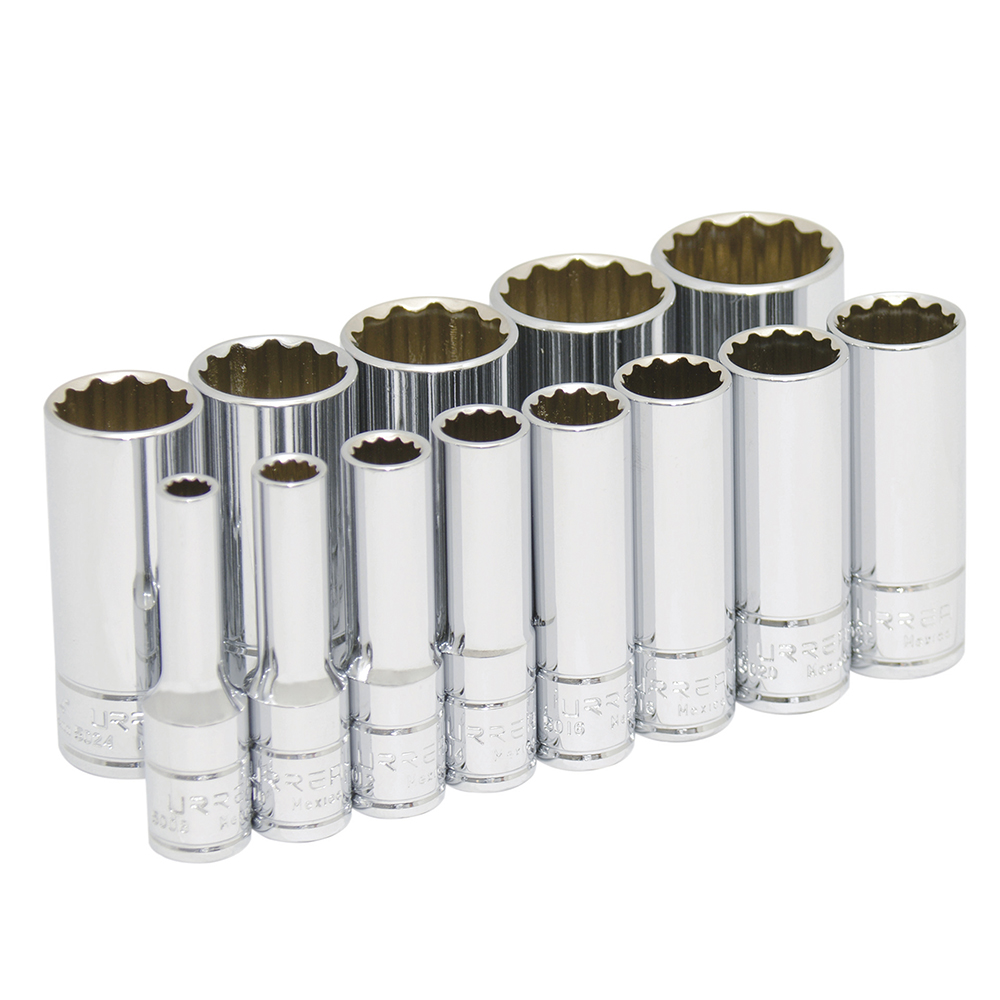 Juego de dados largos cuadro de 3/8", 12 puntas, en pulgadas, 13 piezas Urrea
