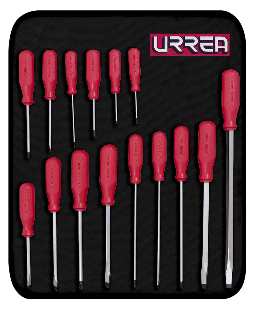 Juego de destornilladores con mango rojo, combinados, 15 piezas en estuche Urrea