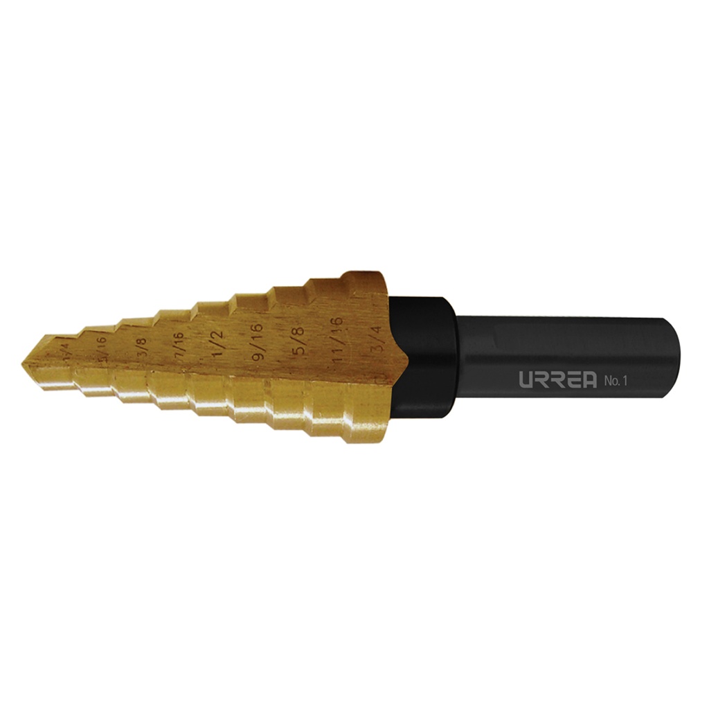 Broca escalonada de acero con doble estría #1, 1/8" a 1/2" zanco 3 planos Urrea