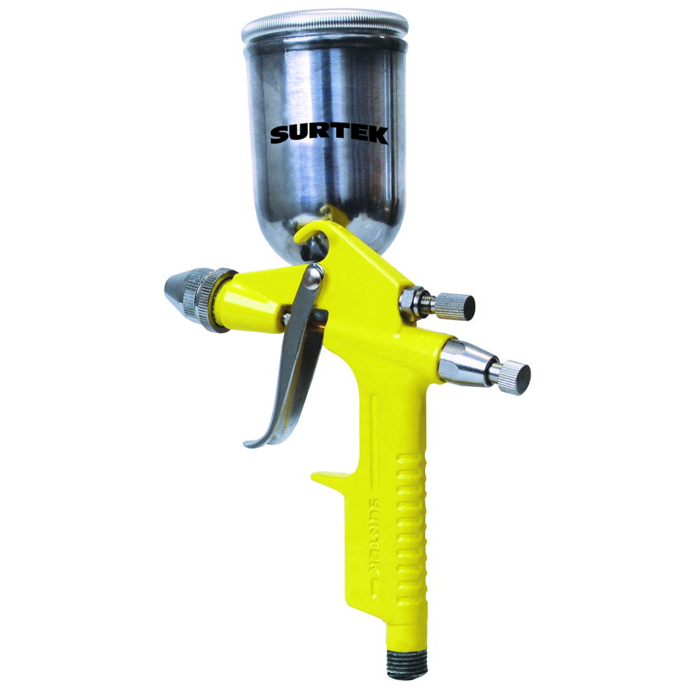 Pistola mini para pintar terminados con alimentacion de gravedad, capacidad 125 ml, 72 PSI Surtek