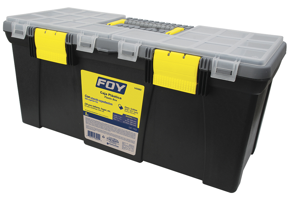 Caja portaherramientas plástica con broches plásticos y organizador color negro 22" x 10" Foy