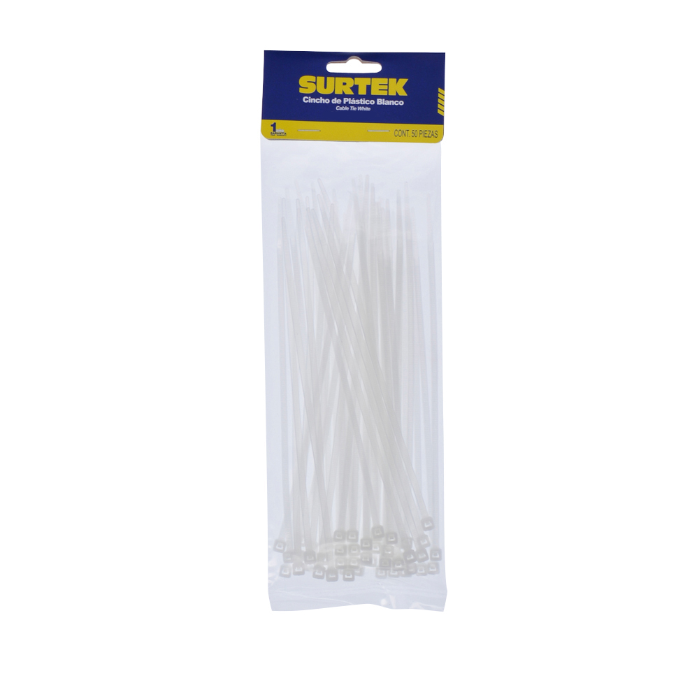 Cinchos plásticos 203 x 3.6 mm, tensión 18 kg de 50 piezas, color natural Surtek