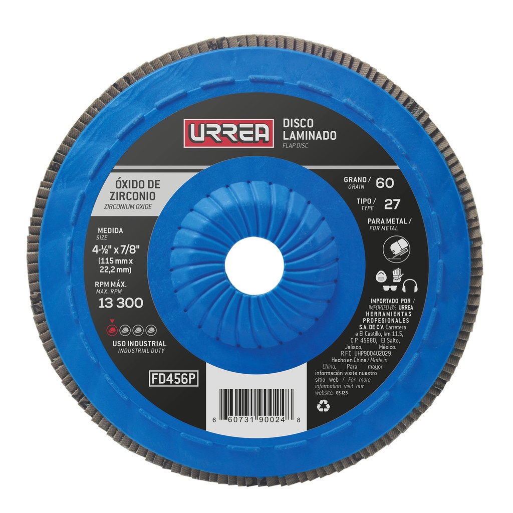 Disco laminado tipo 27 grano 60 con respaldo plástico, 4-1/2" Urrea