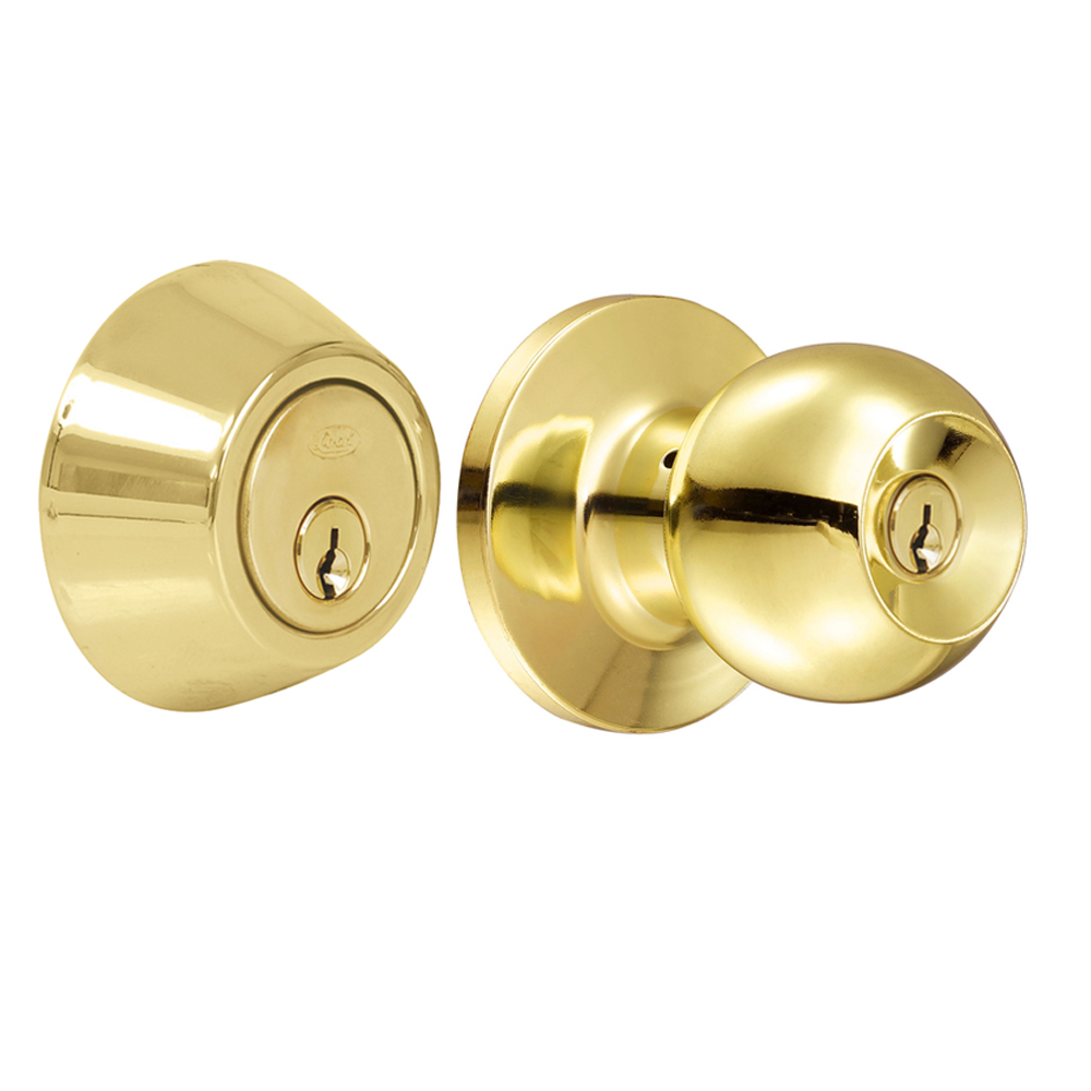Combo de pomo tubulares de bola función sencilla, latón brillante, llave estándar, blíster Lock