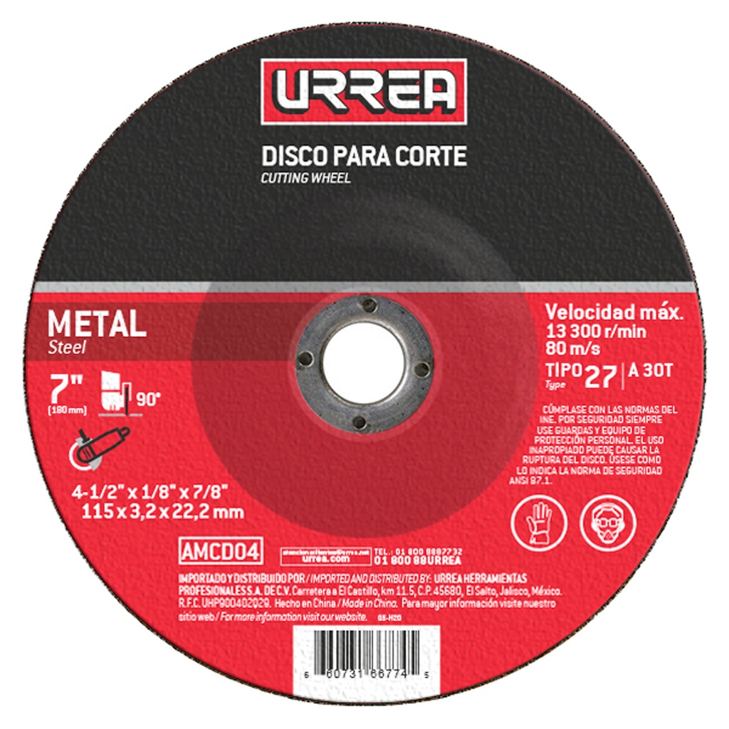Disco abrasivo tipo 27 para metal 4-1/2" x 1/8" Urrea