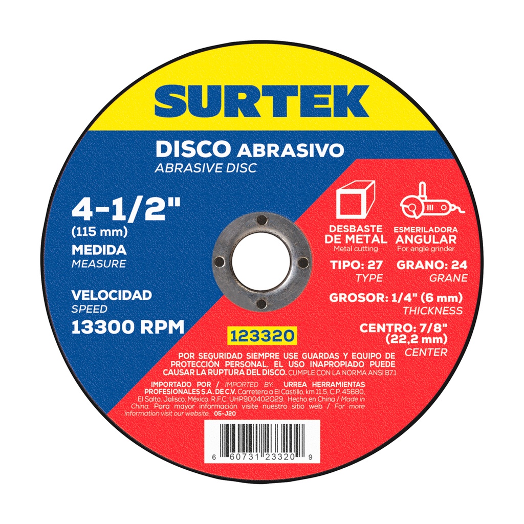 Disco abrasivo tipo 27 para metal 4-1/2" x 1/4" Surtek