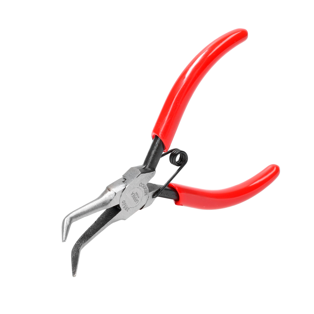 Pinza para electrónica con mango rubber grip de 5-11/32" punta aguja doblada 45° Urrea