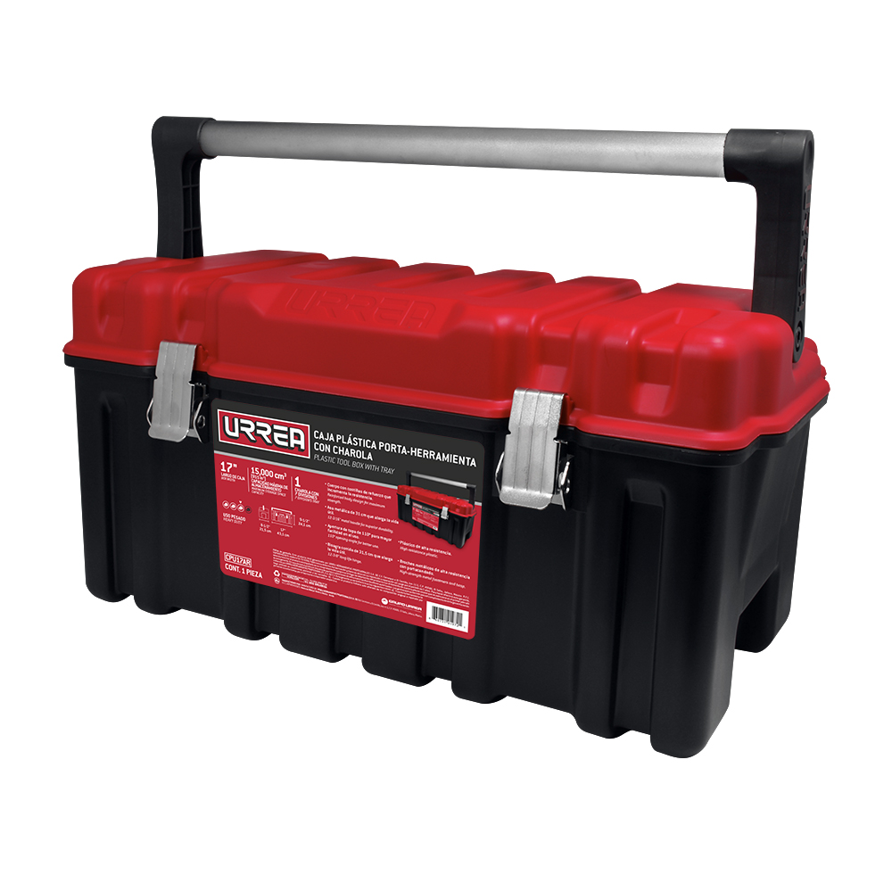 Caja portaherramientas plástica con broches metálicos color negro tapa roja 17" x 9" x 8" Urrea