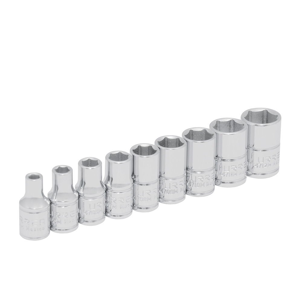 Juego de dados cuadro de 1/4", 6 puntas, métricos, 9 piezas Urrea