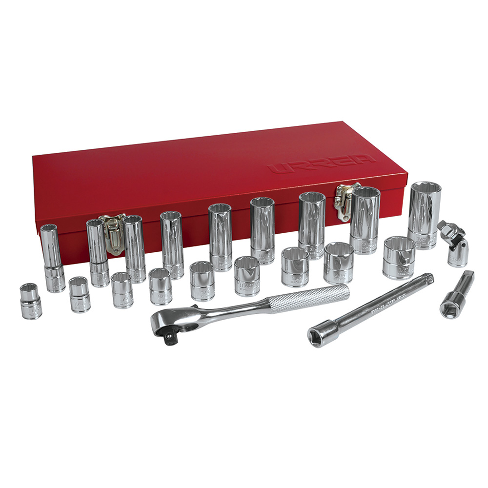 Juego de dados y accesorios cuadro de 3/8" en pulgadas, 23 piezas Urrea