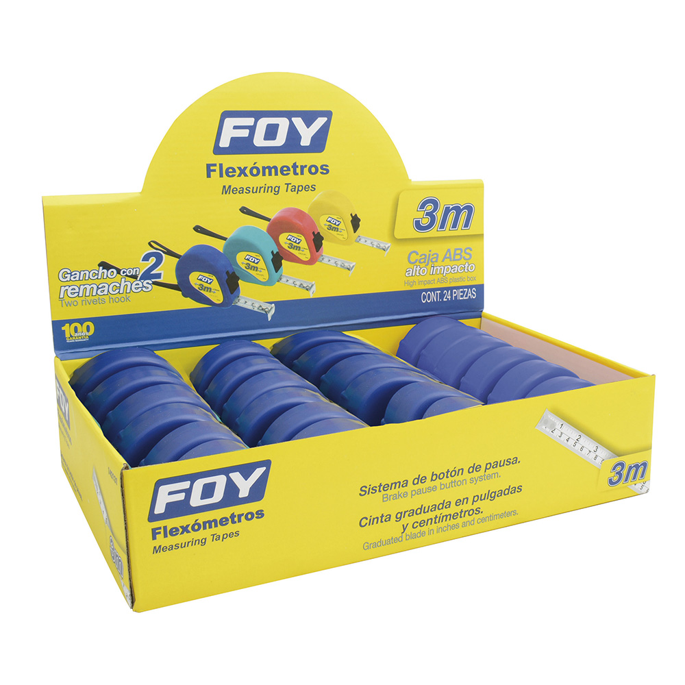 Flexómetros con carcasa de plástico azul en display 3 m x 1 Foy