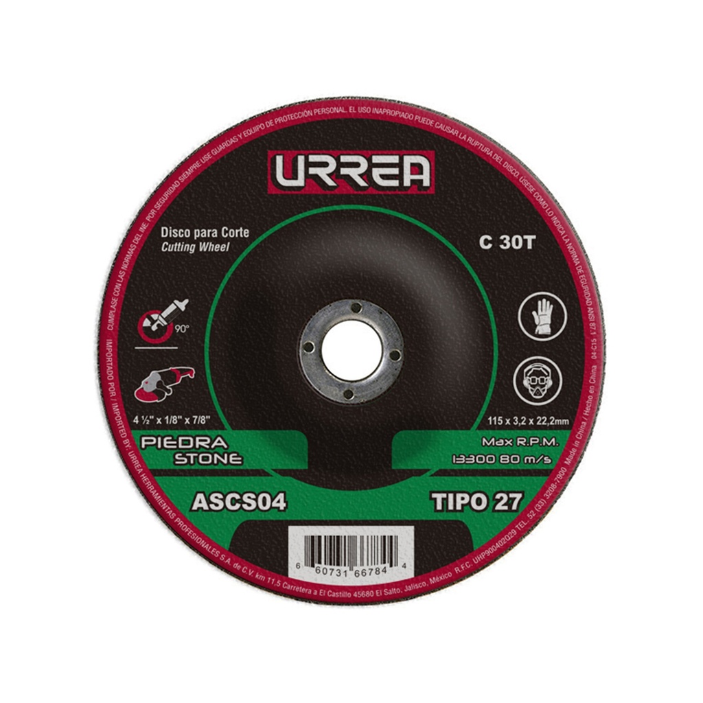 Disco abrasivo tipo 27 para piedra 4-1/2" x 1/8" Urrea
