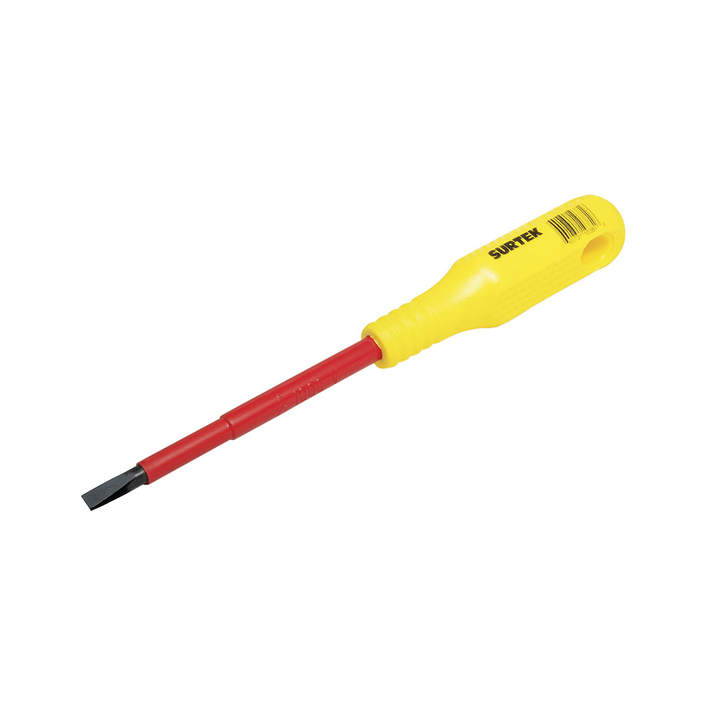 Destornillador con mango amarillo dieléctrico, punta cabinet 1000 V de 5/32" x 4" Surtek