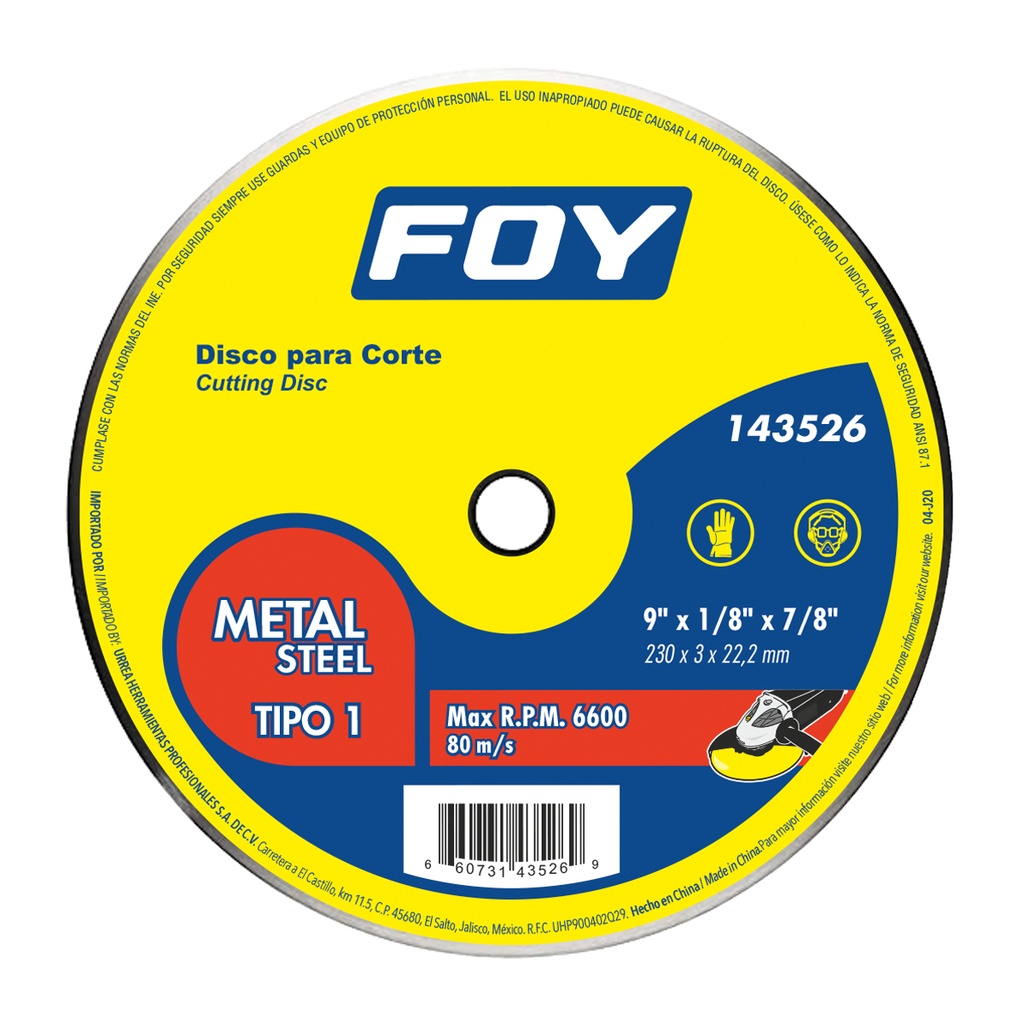 Disco abrasivo tipo 1 para metal 14" x 3.2 mm Foy