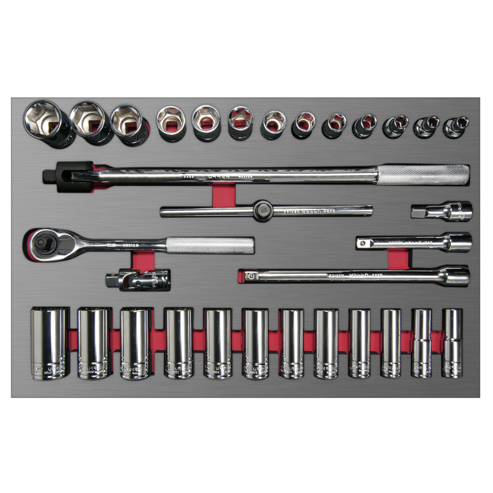 Juego de dados cortos,largos y accesorios de 1/2" en pulgadas 32 piezas, CH310L-C Urrea