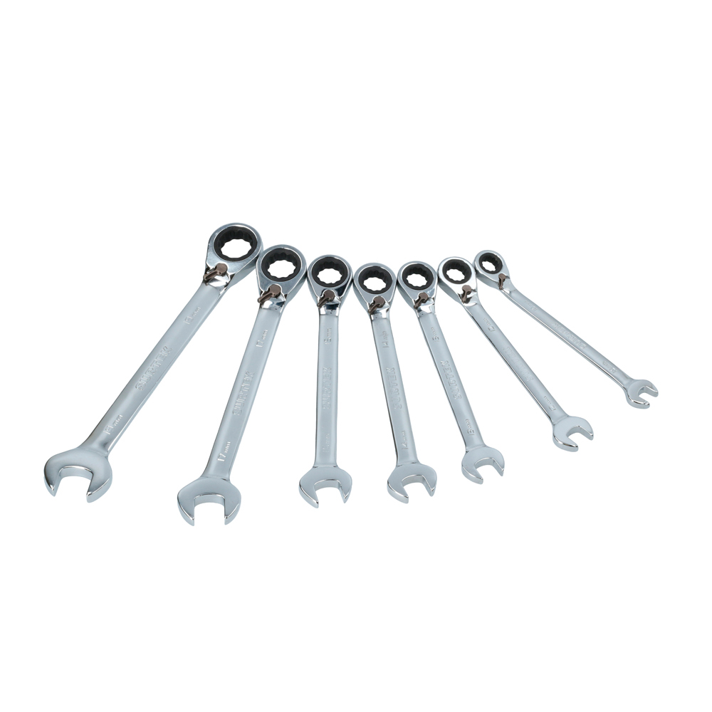 Juego de llaves combinadas pulido espejo de matraca rev en pulg, 12 puntas,7 pz en rack Surtek