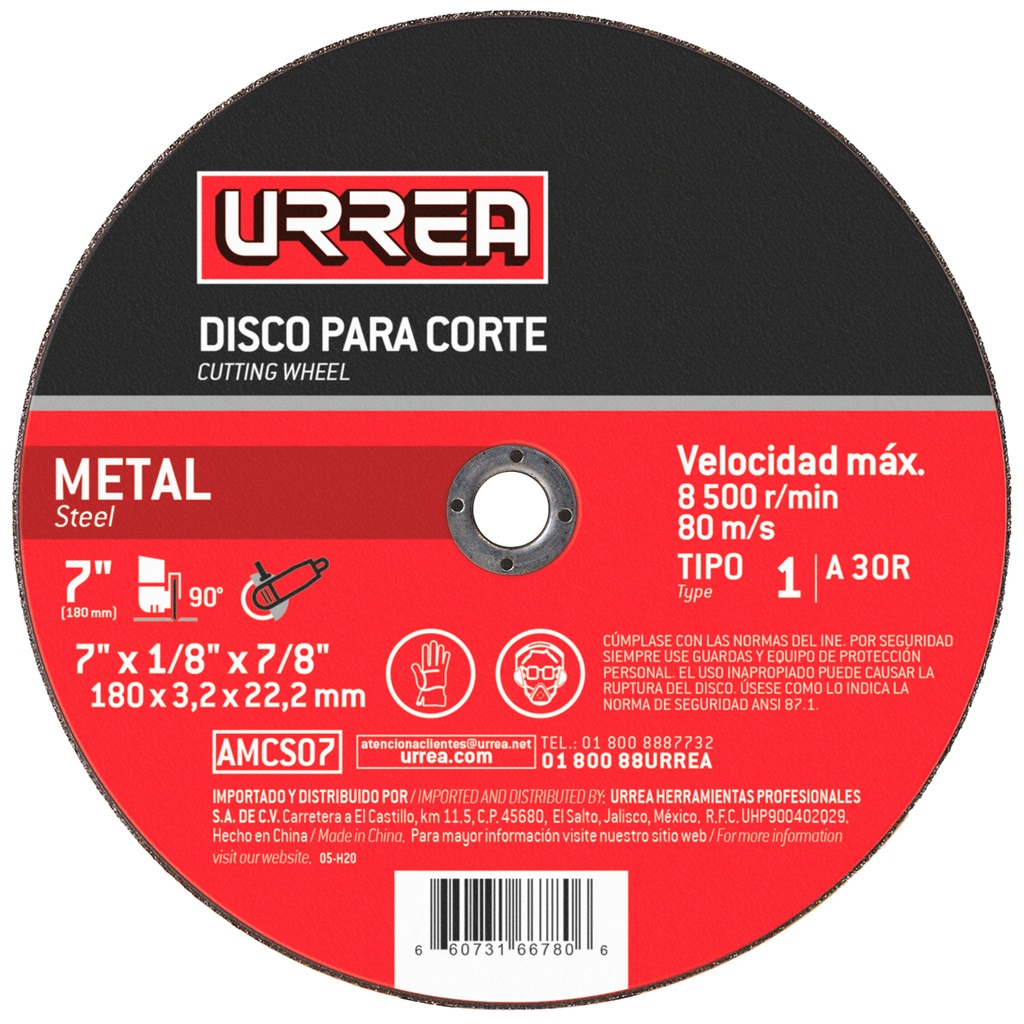 Disco abrasivo tipo 1 para metal, 4-1/2" x 1/16" Urrea