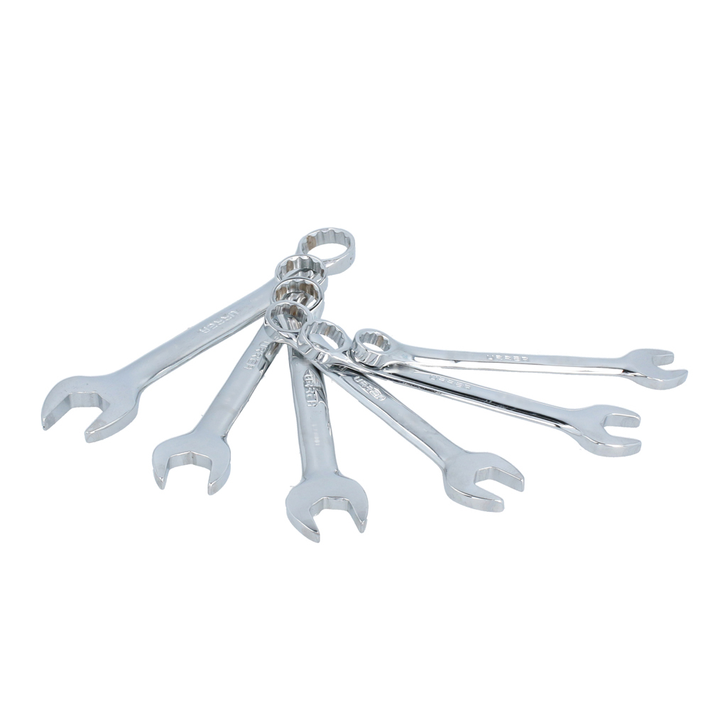 Juego de llaves combinadas cortas pulido espejo en pulgadas, 12 puntas, 6 pz en rack Urrea