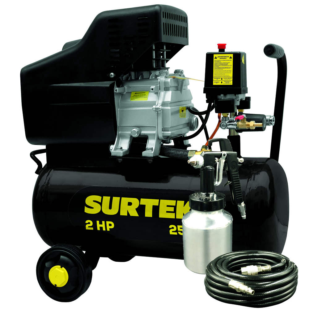 Compresor de aire eléctrico lubricado con pistola y manguera 25L, 2HP, 127V Surtek