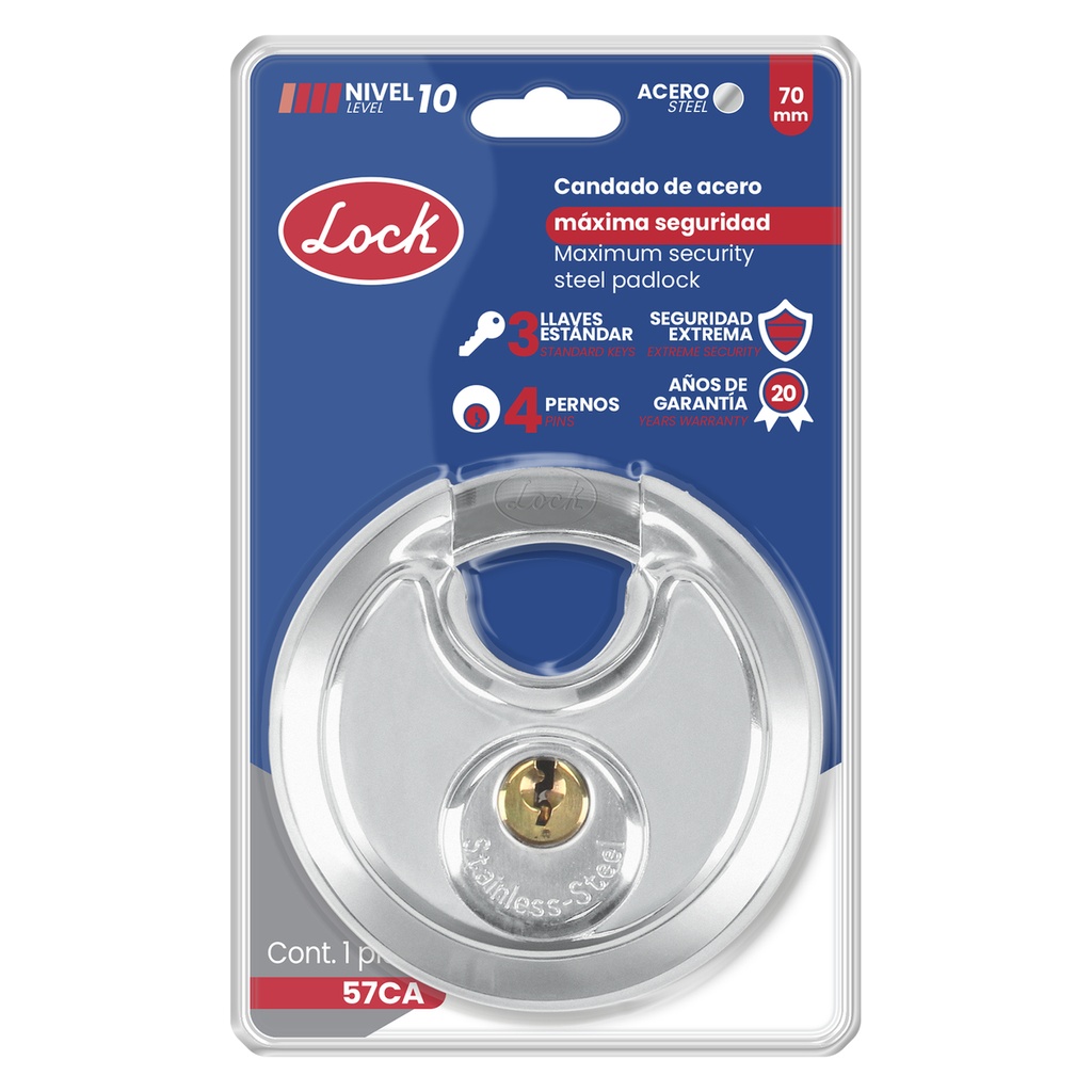 Candado de máxima seguridad tipo disco 70 mm, llave estándar Lock