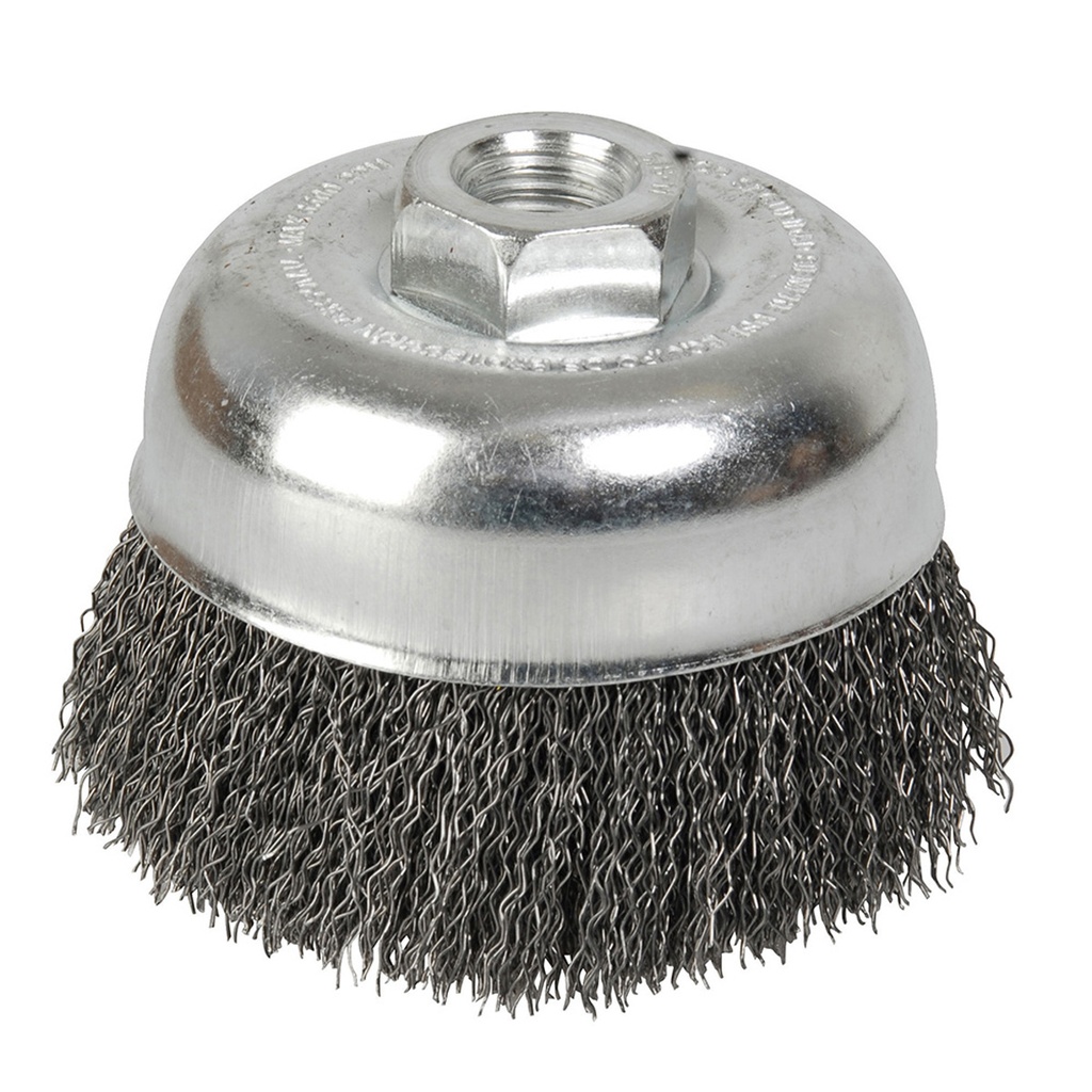 Carda copa ondulada alambre delgado 4" x 0.35 mm con rosca 5/8" Foy