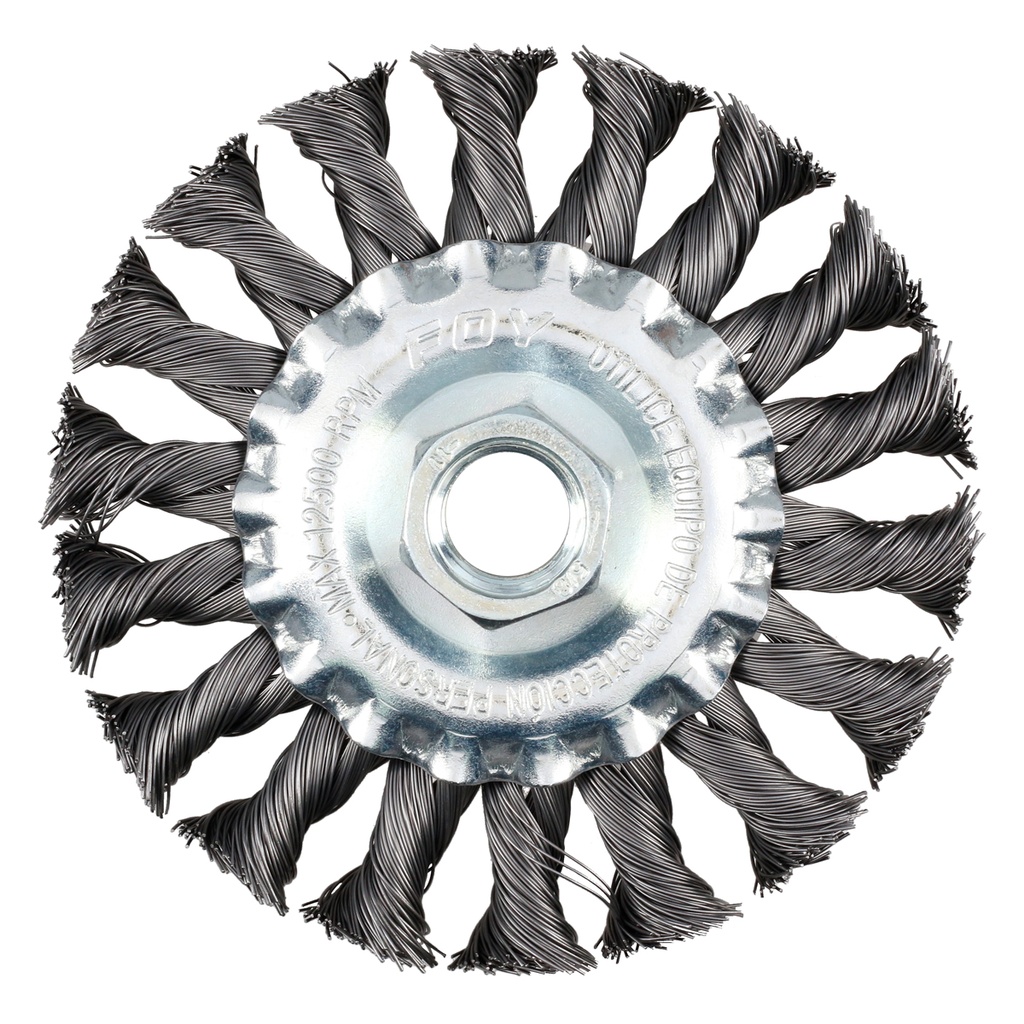 Carda circular trenzada alambre grueso 4" x 0.50 con rosca 5/8" Foy
