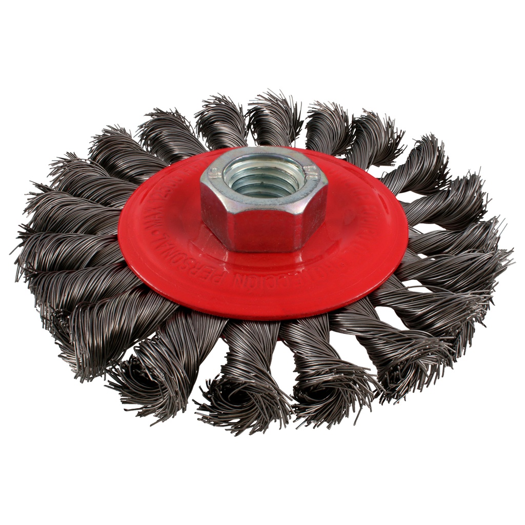 Carda circular trenzada alambre delgado de acero inoxidable 6" x 0.40 mm con rosca 5/8" Urrea