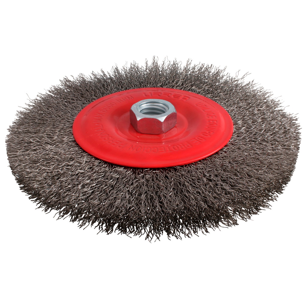 Carda circular ondulada alambre delgado de acero inoxidable 6" x 0.30 mm con rosca 5/8" Urrea