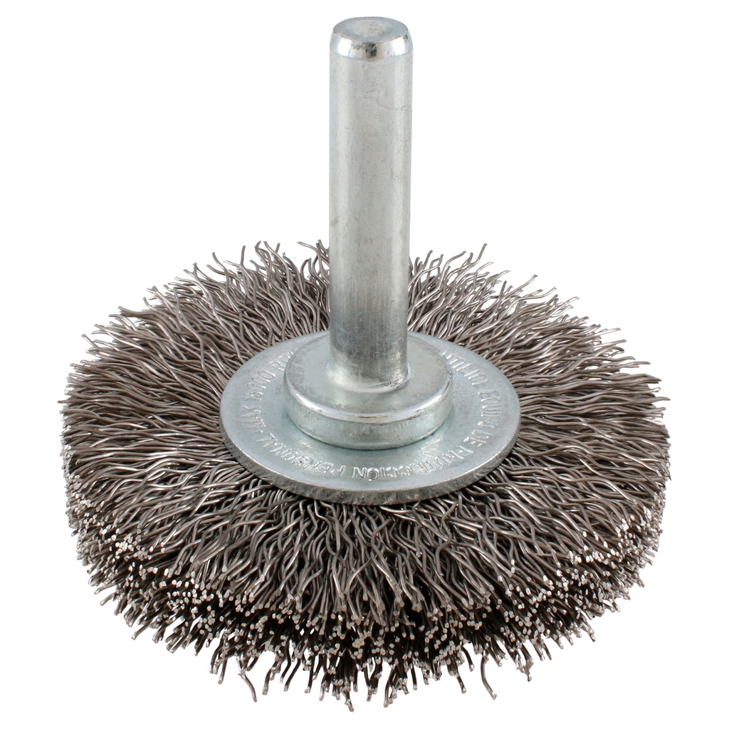 Carda circular ondulada alambre delgado de acero inoxidable 2-3/4" x 0.30 mm con zanco 1/4 Urrea