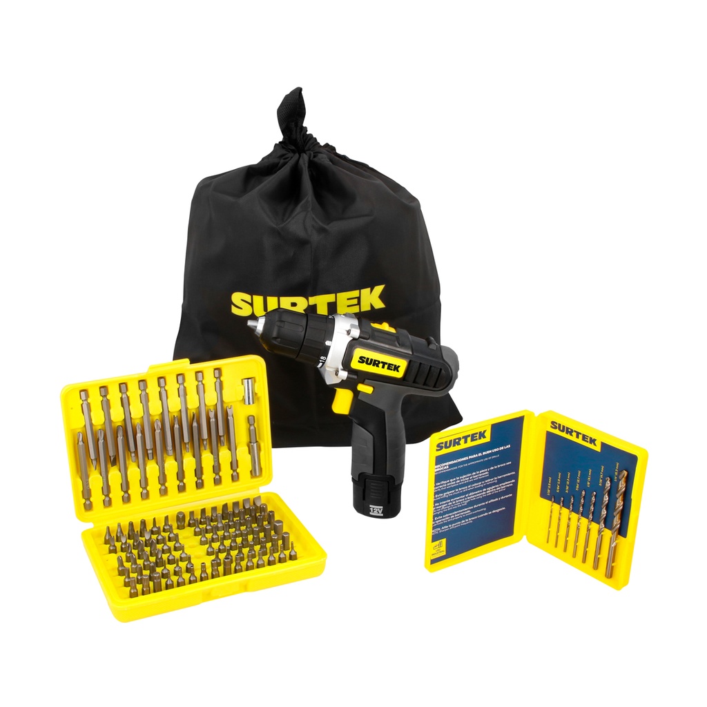 Juego de taladro y atornillador a batería Li-ion 12 V, 4 piezas en morral Surtek