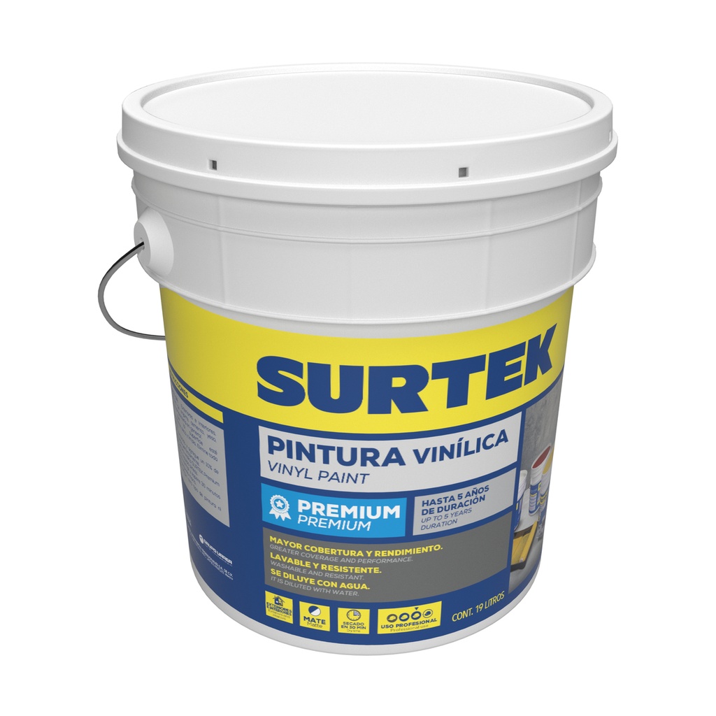 Cubeta de pintura vinílica premium 19 Lt color amarillo intenso Surtek