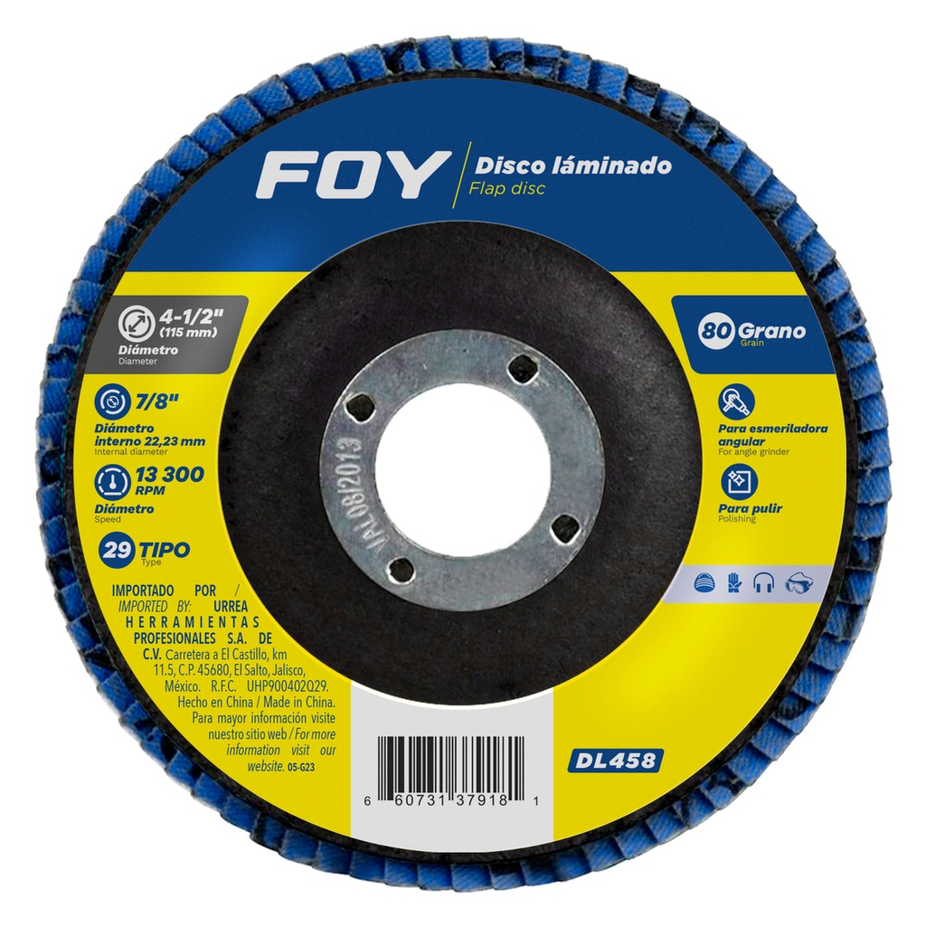 Disco laminado tipo 29 grano 80, 4-1/2" Foy