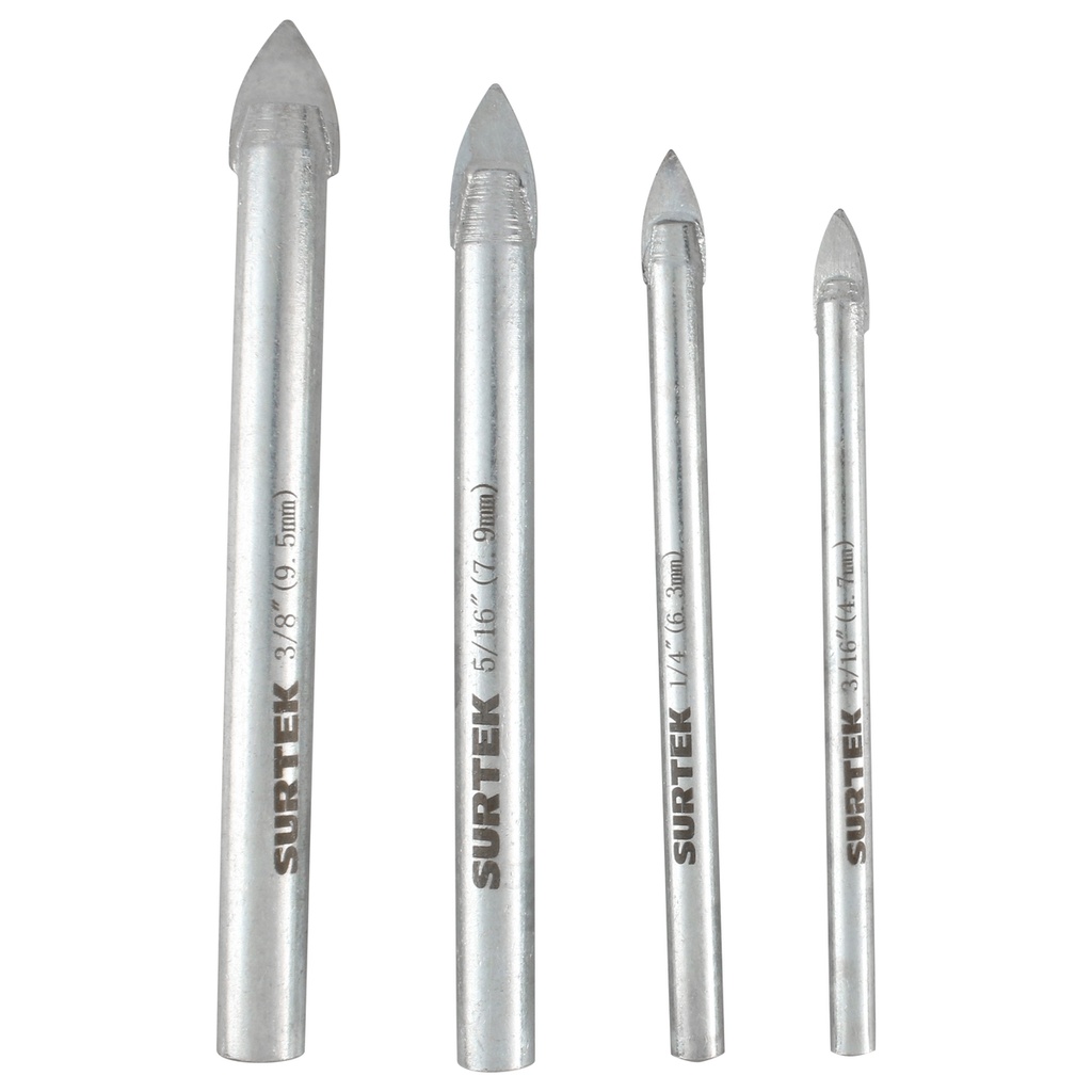 Juego de brocas para vidrios y azulejos de acero con cabeza de carburo de tungsteno, 4 pz Surtek