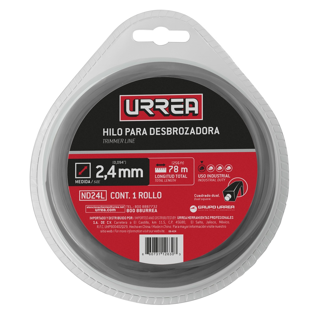 Nailon cuadro dual para desbrozadora doble blister, 2.4 mm x 78 m Urrea
