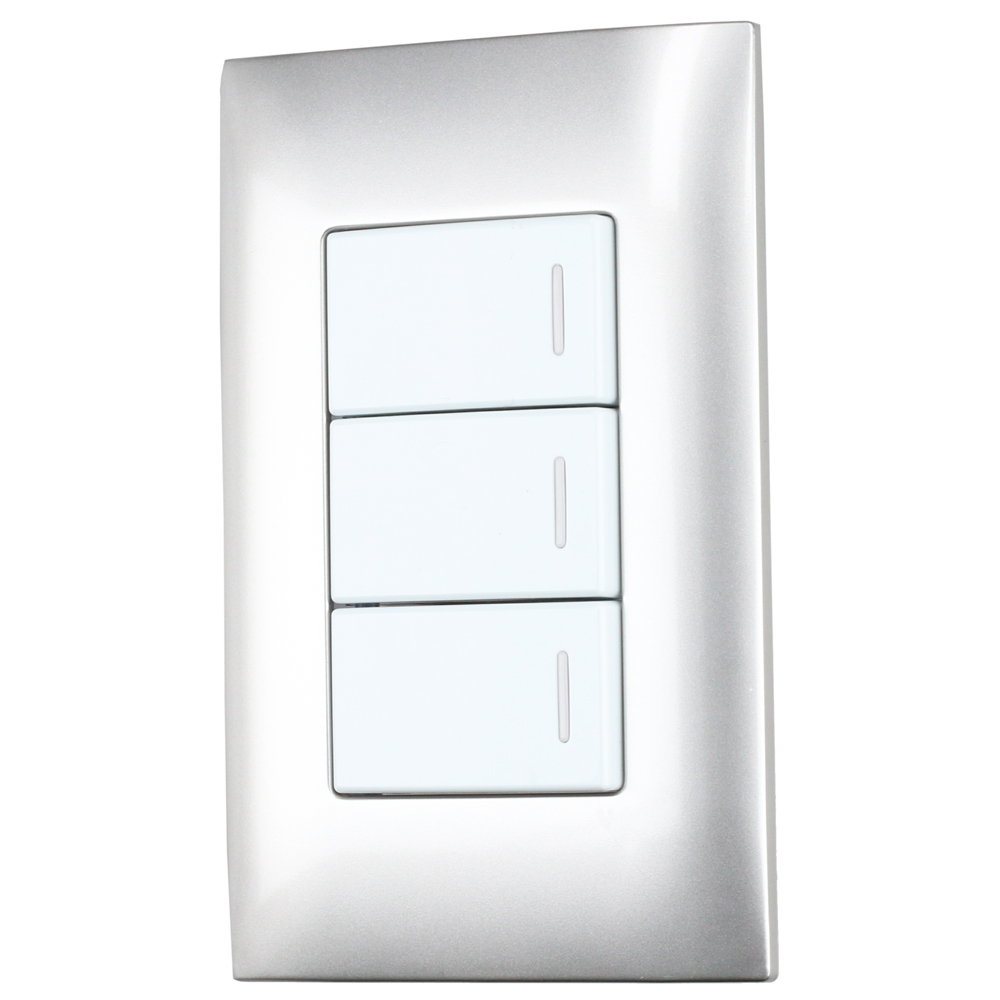 Placa 3 Interruptor 1/3, línea  Americana, color plata Surtek