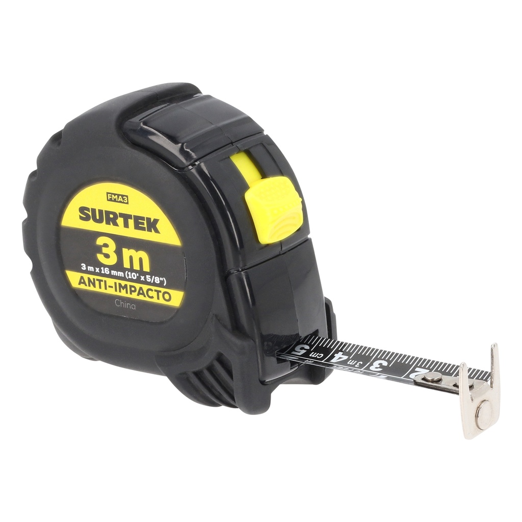 Flexómetro con carcasa anti-impacto cinta color negro 3 m x 16 mm Surtek
