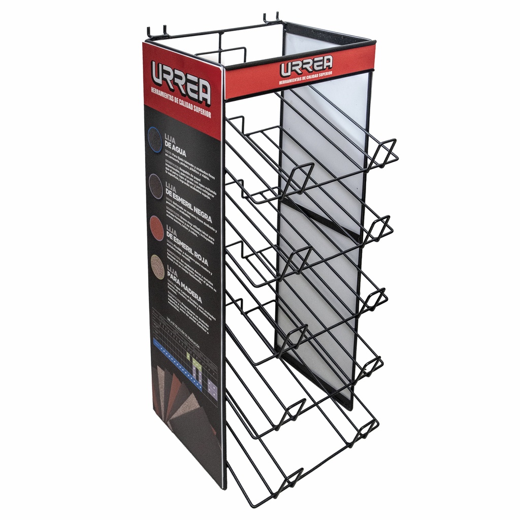 Rack despachador de mostrador y panel perforado para lijas, 5 charolas, 26 cm x 30 cm Urrea