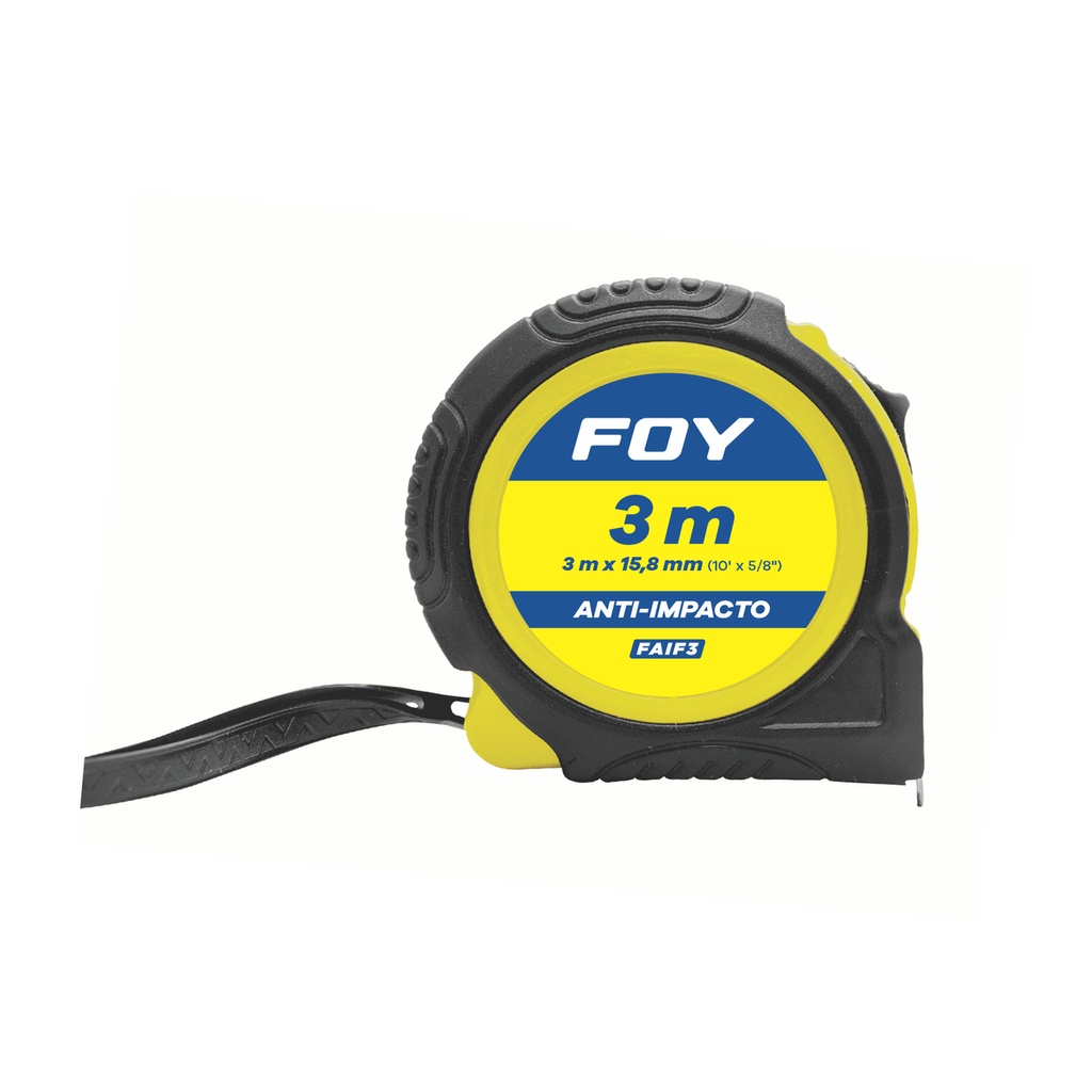 Flexómetro con carcasa anti-impacto color amarillo, 3 m x 16 mm Foy