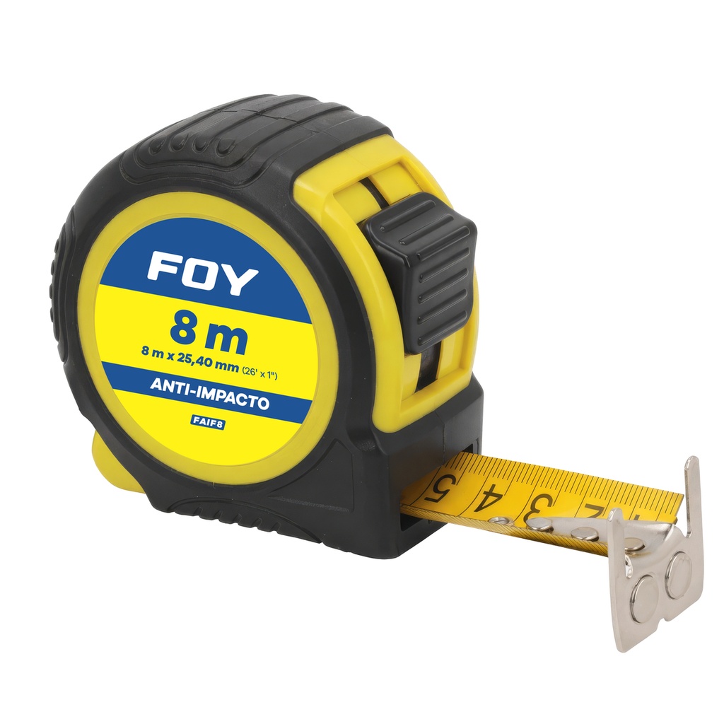Flexómetro con carcasa anti-impacto color amarillo, 8 m x 25 mm Foy