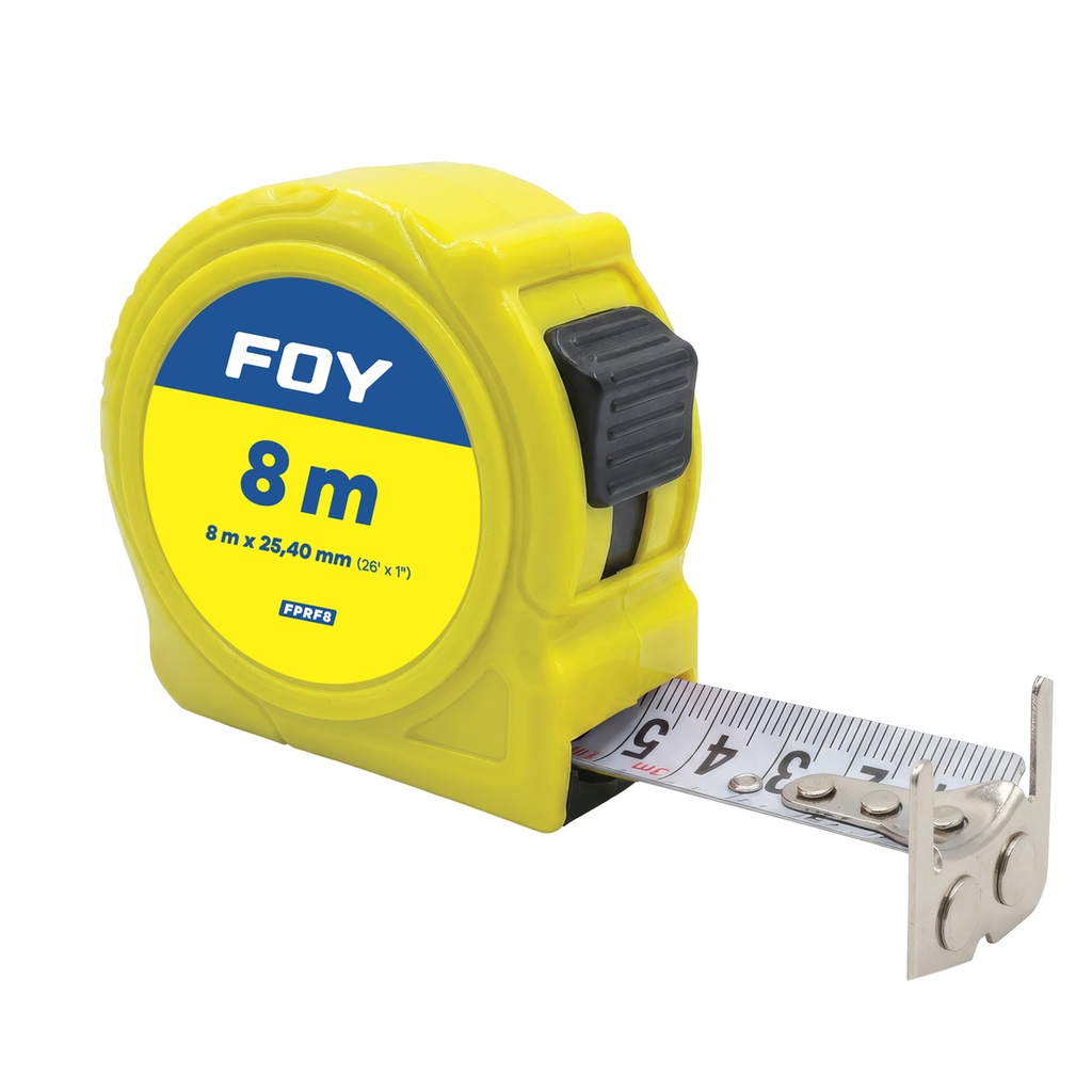 Flexómetro con carcasa de plástico color amarillo, 8 m x 25 mm Foy