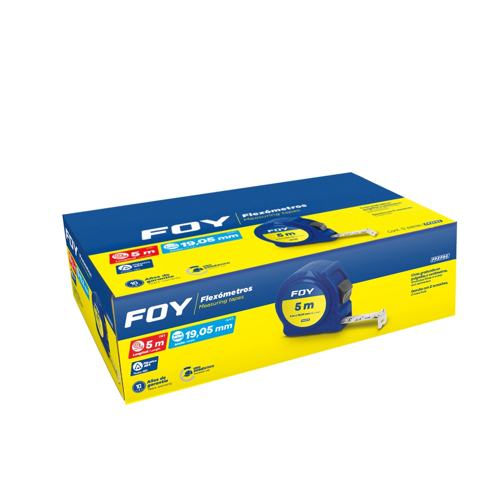 Flexómetros con carcasa de plástico azul en display, 5 m x 19 mm Foy