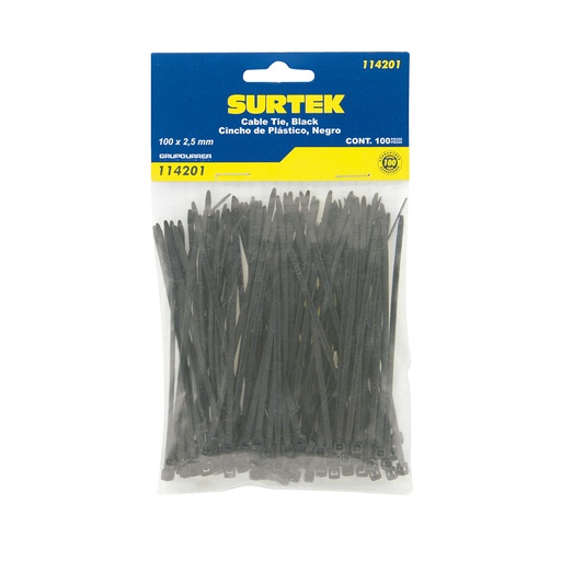 [114201] Cinchos plásticos 100 x 2.5 mm, tensión 8 kg de 100 piezas, color negro Surtek