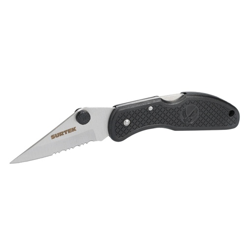 [120550] Navaja abatible de acero inoxidable con mango de plástico hoja dentada de 2-3/4" Surtek